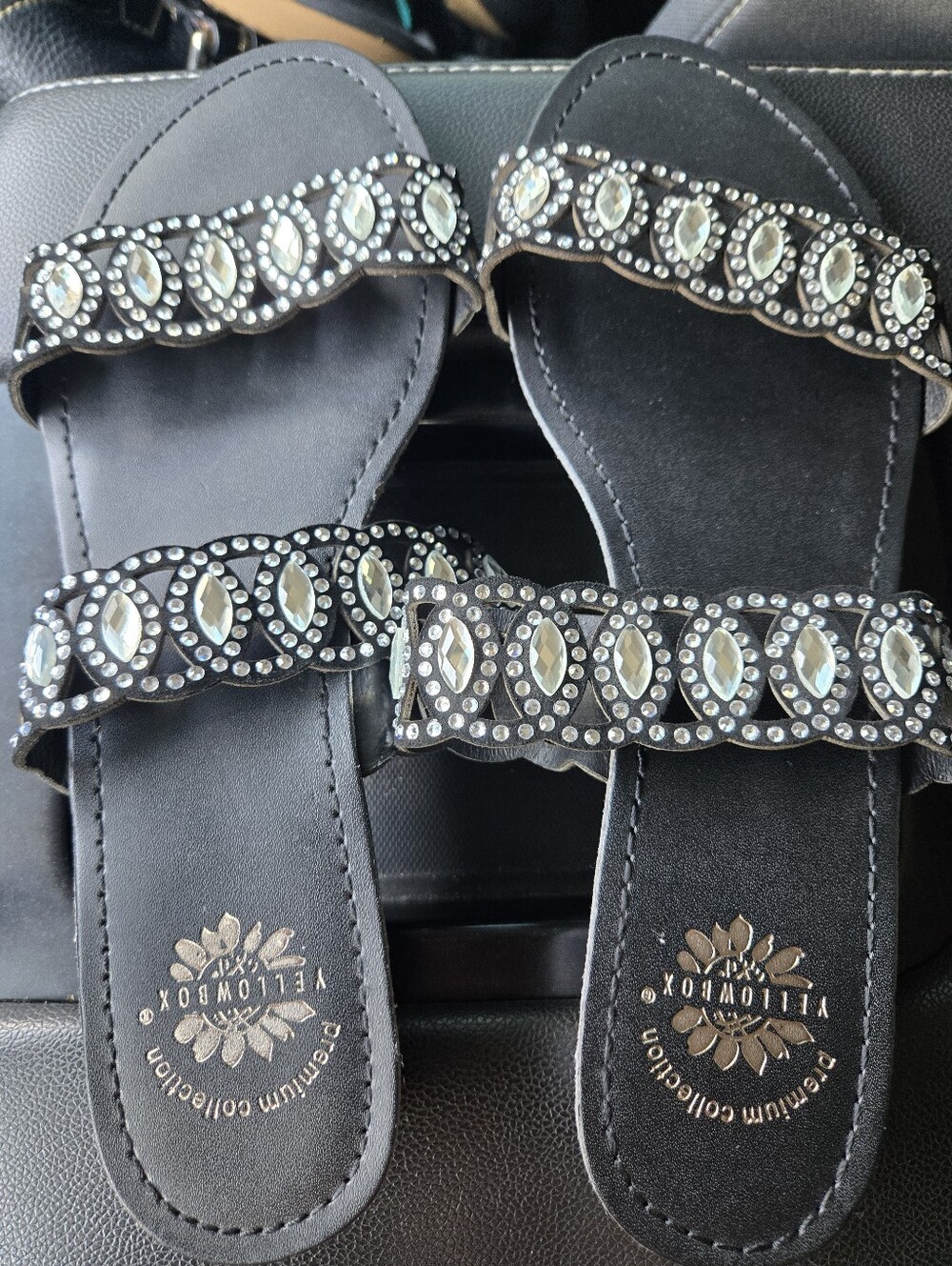 Yellowbox Premium Leather Jeweled Black Slide Sandals EUC